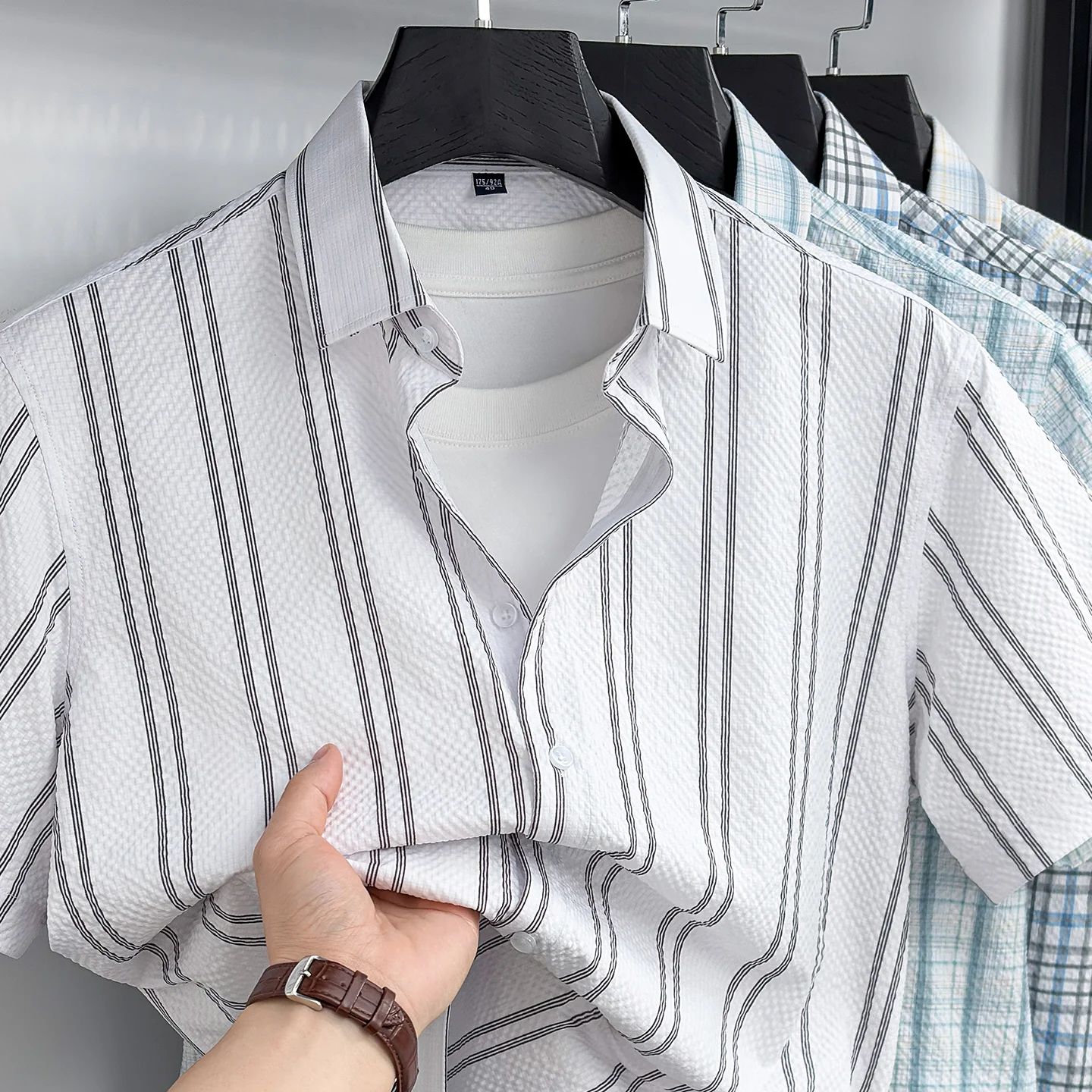 Men's Fashion Plaid Checkered Shirt Short Sleeve Seersucker Holiday Youthful Striped No ironing Summer Casual Soft Tops