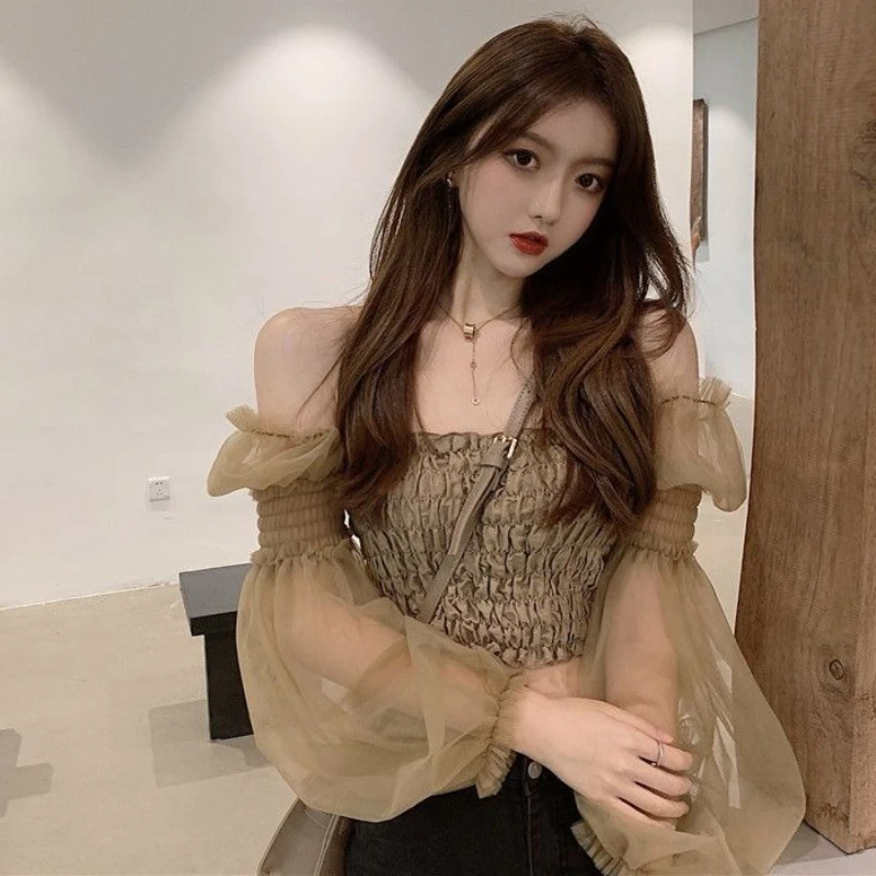 Blouses Women Lantern Sleeve Mujer Blusas Fashion Retro Streetwear Off-shoulder Crops Design Feminine Hotsweet Sheer Sexy Spring