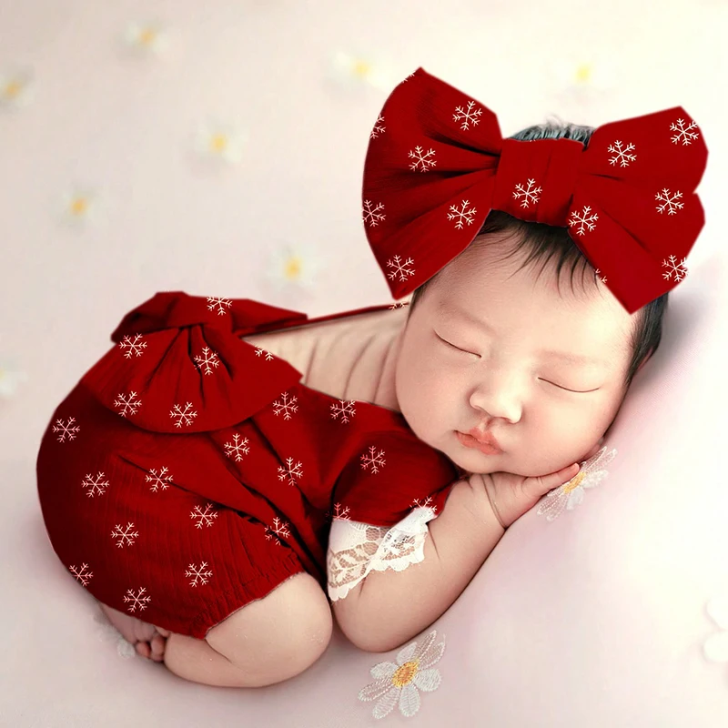 

Комплект из 2 предметов: Новогодний наряд для фотосессии новорожденных девочек, красный комбинезон с большим бантом на спине и повязкой на голову, для фотосъемки малышек