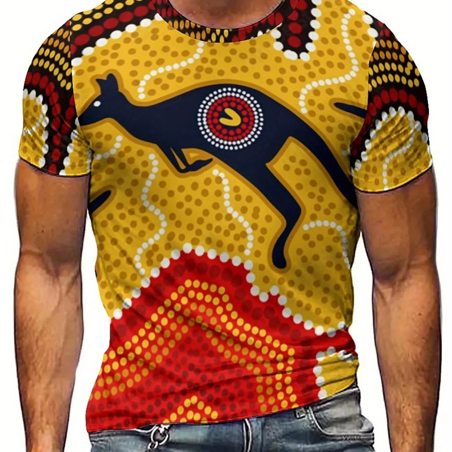 Men's Retro Y2K Kangaroo 3D Graphic T-Shirt Vibrant Abstract Animal Design Soft Round Neck Short Sleeve Tee for Outdoor