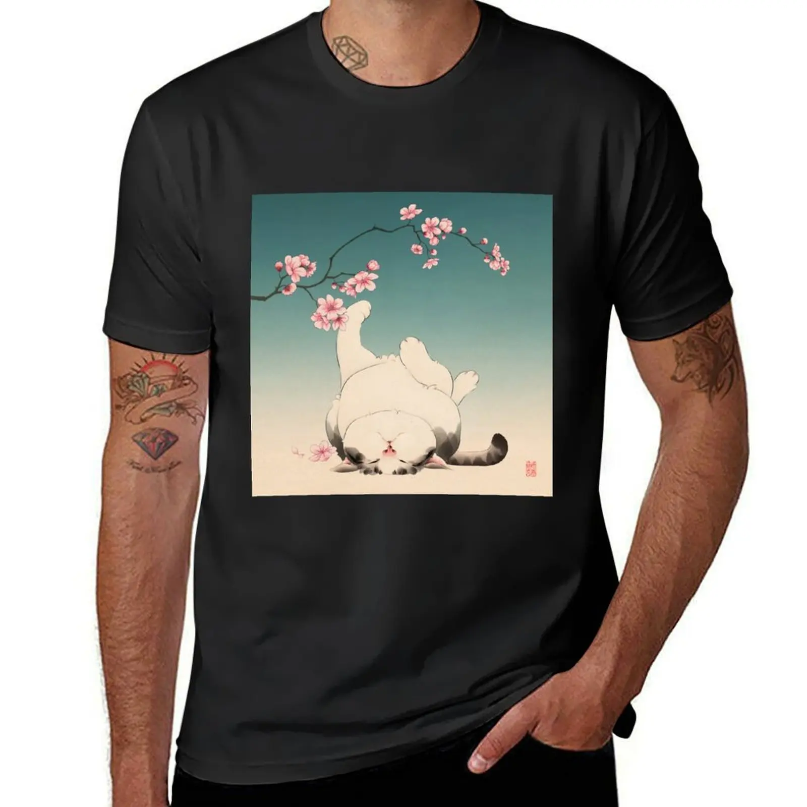 Cat Sleeping Under Cherry Blossom T-Shirt tops graphics oversizeds sports fans mens t shirt