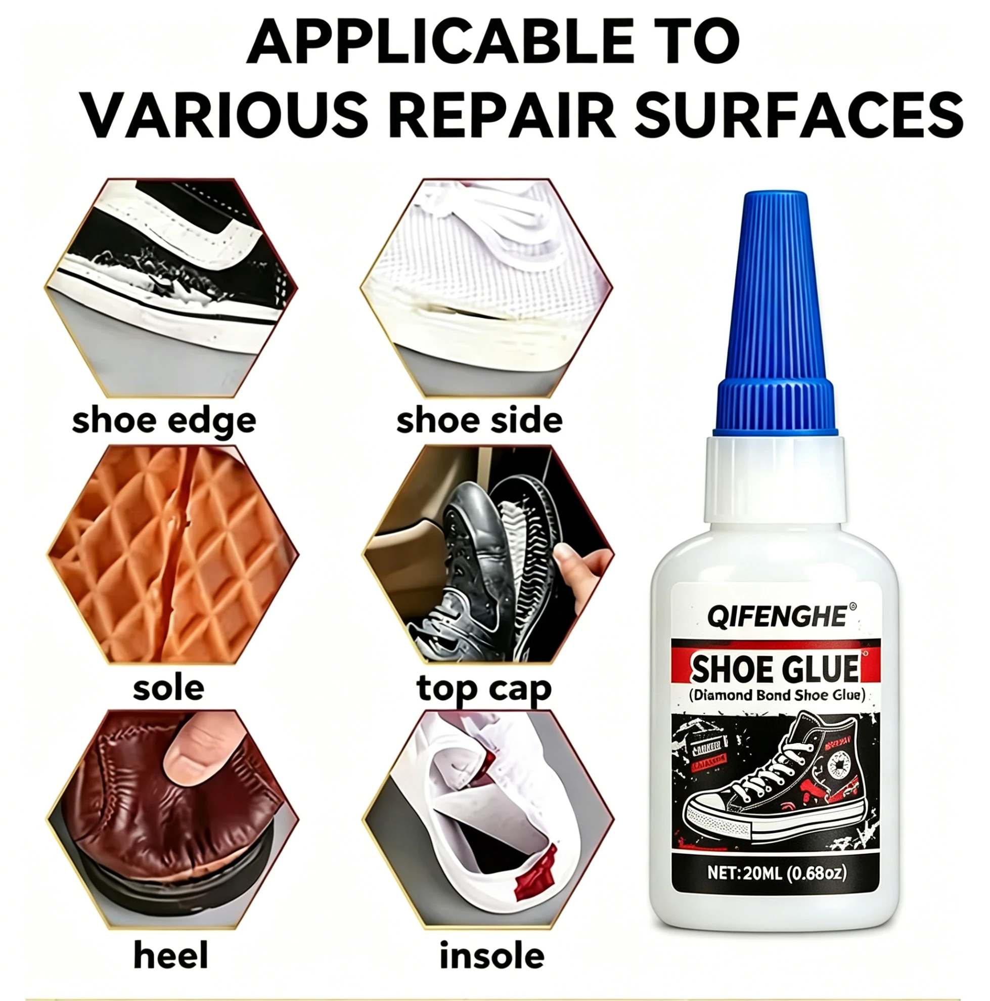 QIFENGHE Diamond Bond Shoe Glue 20ML Strong Flexible Adhesive For Sneakers Leather Canvas Rubber Sole Repair Multi Material Shoe view 4