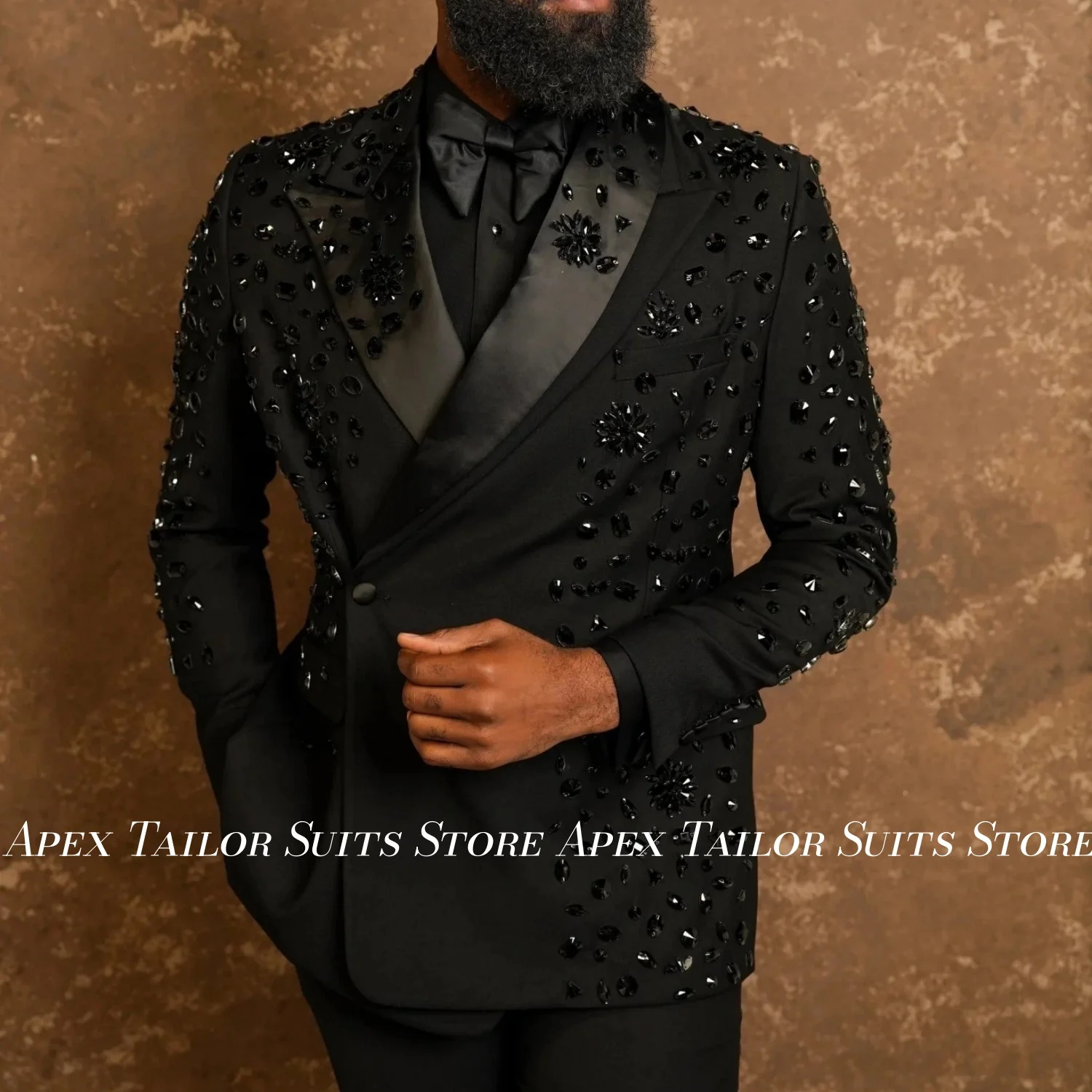Men 2 Piece Black Beaded Tuxedo Double Breasted Satin Shawl Lapel Blazer Pants Wedding Groom Formal Party Suit Customized