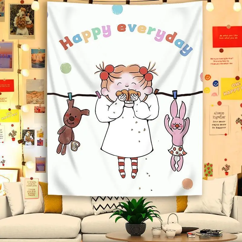 VIKAMA Happy Everyday Tapestry Wall Hanging Cute Girl Umbrella Balloon Cartoon Quote Aesthetic Wall Art Bedroom Dorm Room Decor