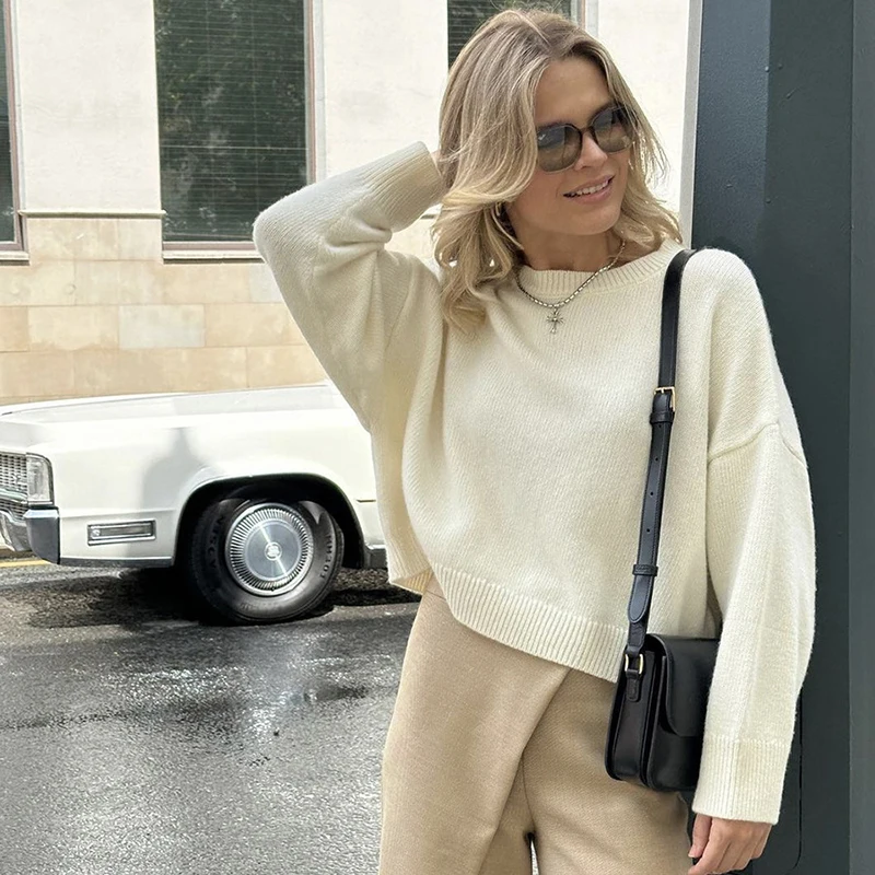 

Женские элегантные джемперы с длинными рукавами и круглым вырезом, свободные свитера в европейском и американском стиле, пуловеры, женские винтажные универсальные вязаные свитера