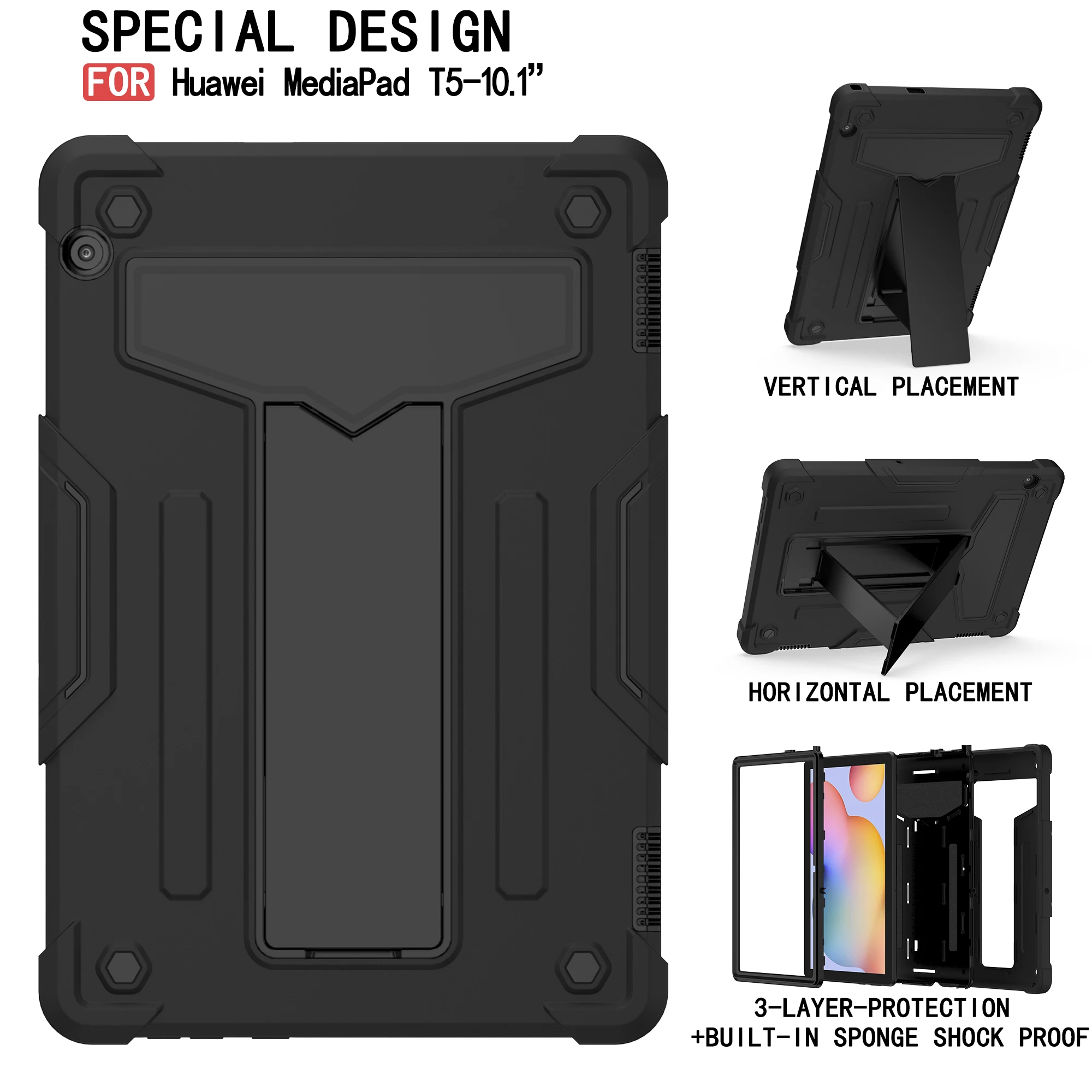 Tablet case for Huawei MatePad T5, multi-angle T-shaped stand, contrasting design, essential for office/study/entertainment