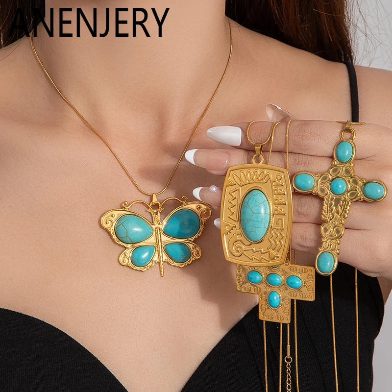 ANENJERY 316L Edelstahl Türkis Kreuz Schmetterling Geometrie Anhänger Halskette für Frauen Übertriebener Modeschmuck Geschenke