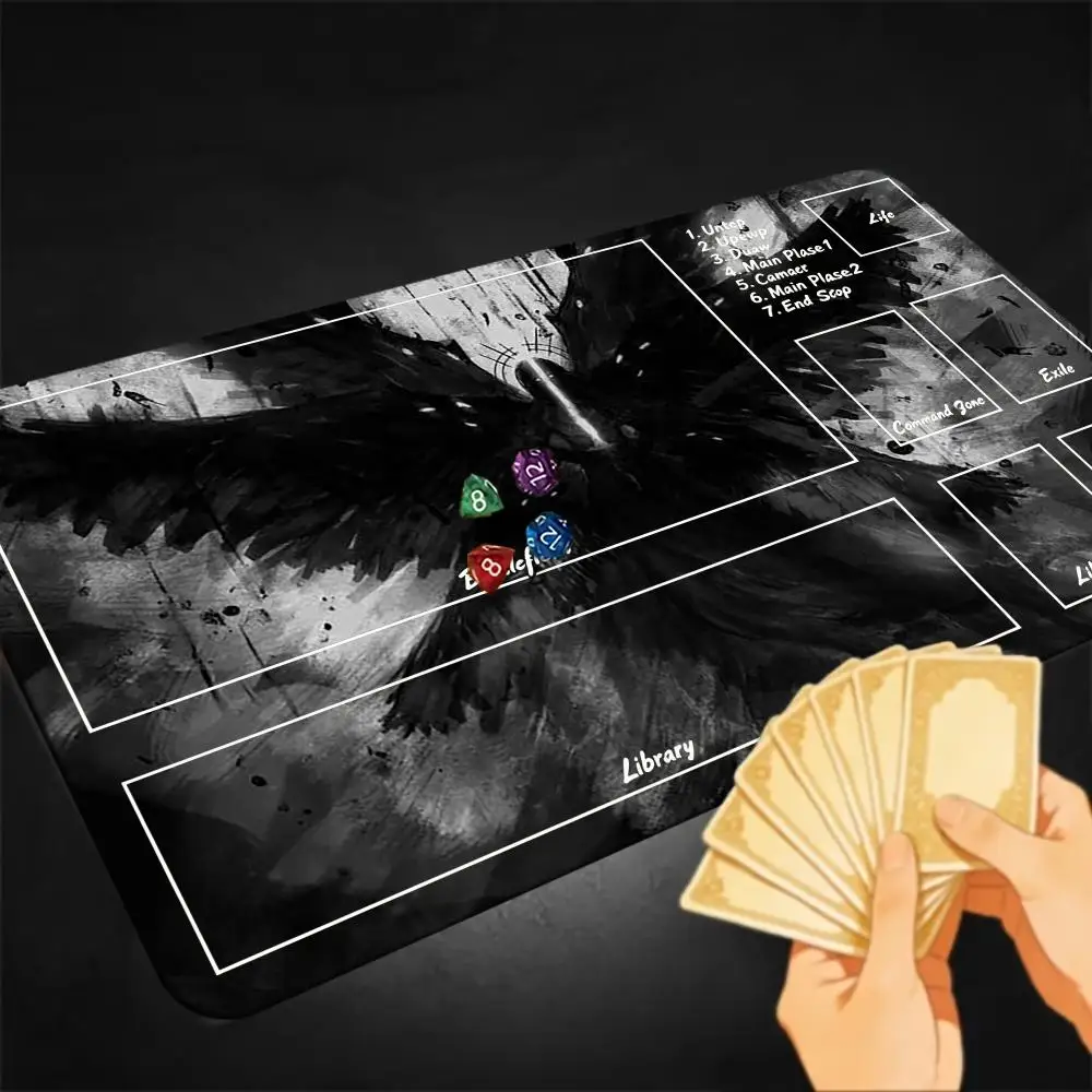 Black Ink Giant Raven TCG Playmat With Game Zones Library Command Zone Exile, Non-Slip Rubber Stitched Edge Trading Card Game