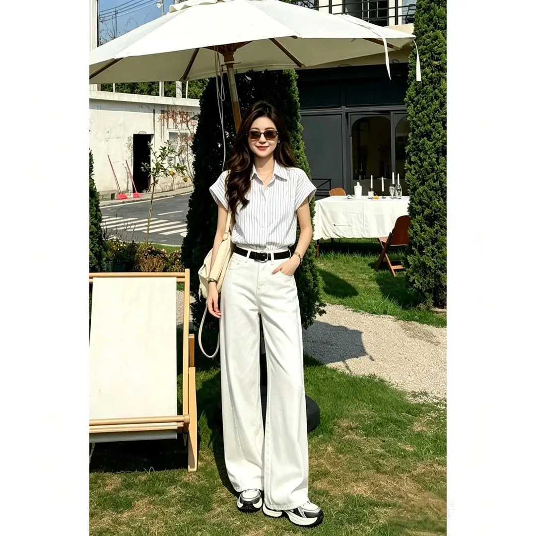 Spring Summer Women Jeans New 2026 Korean High Waist White Wide-leg Denim Pants Women Casual Temperament Jeans Trousers