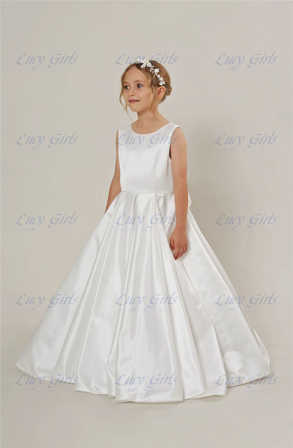 Quality Bridesmaid Flower Girl Dress White Satin Fluffy With Bow for Little Girls Wedding Birthday Party Evening Ball Gowns