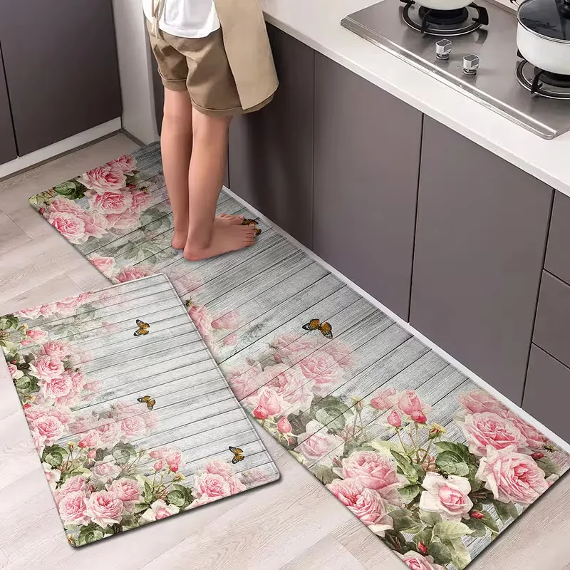 Aesthetic Pink Flower Wood Print Runner Rug Kitchen Mat Hallway Floor Living Room Carpet Bedroom Door Mat Indoor Decor