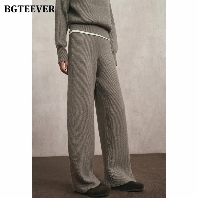 BGTEEVER Casual Warm Ladies Sweater Set Zipper Up Pullovers & Straight Pants Women Knitted 2 Pieces Set