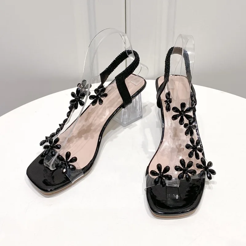 Summer Women Sandals Pvc Crystal Flower Decoration Chunky Heel Peep Toe Back Strap Elastic Band Elegant Fashion Shoes Ladies