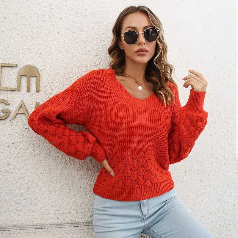 Red Sweater Long Sleeve Top Winter Clothes Women V Neck Pullovers Casual Warm Jumper Streetwear Solid Fashion Knitted Sweaters