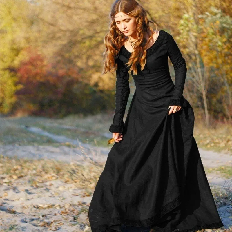 Women Medieval Long Dress V Neck Long Sleeve Lace Trim Floor Length Renaissance Festival Cosplay Outfit