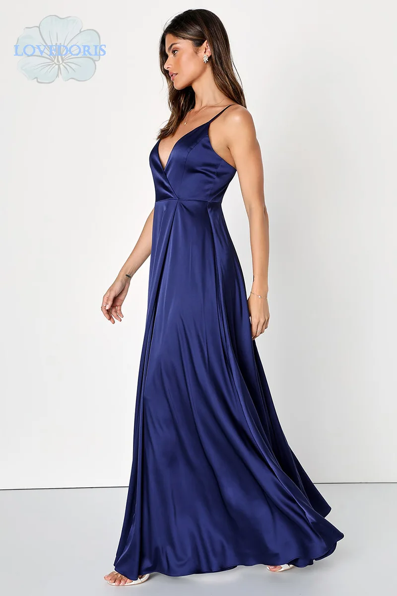 LoveDoris Sexy Bridesmaid Dress A-Line Evening Prom Dress Satin Wedding Dress V-Neck Party Dress Customize