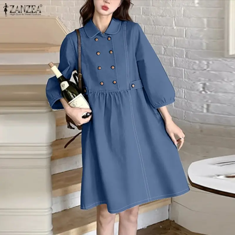 ZANZEA Mode Hemd Vestidos Frauen Sommer 3/4 Ärmel Solide Knielangen Kleid 2026 Elegante Zweireiher Solide Party Sommerkleid