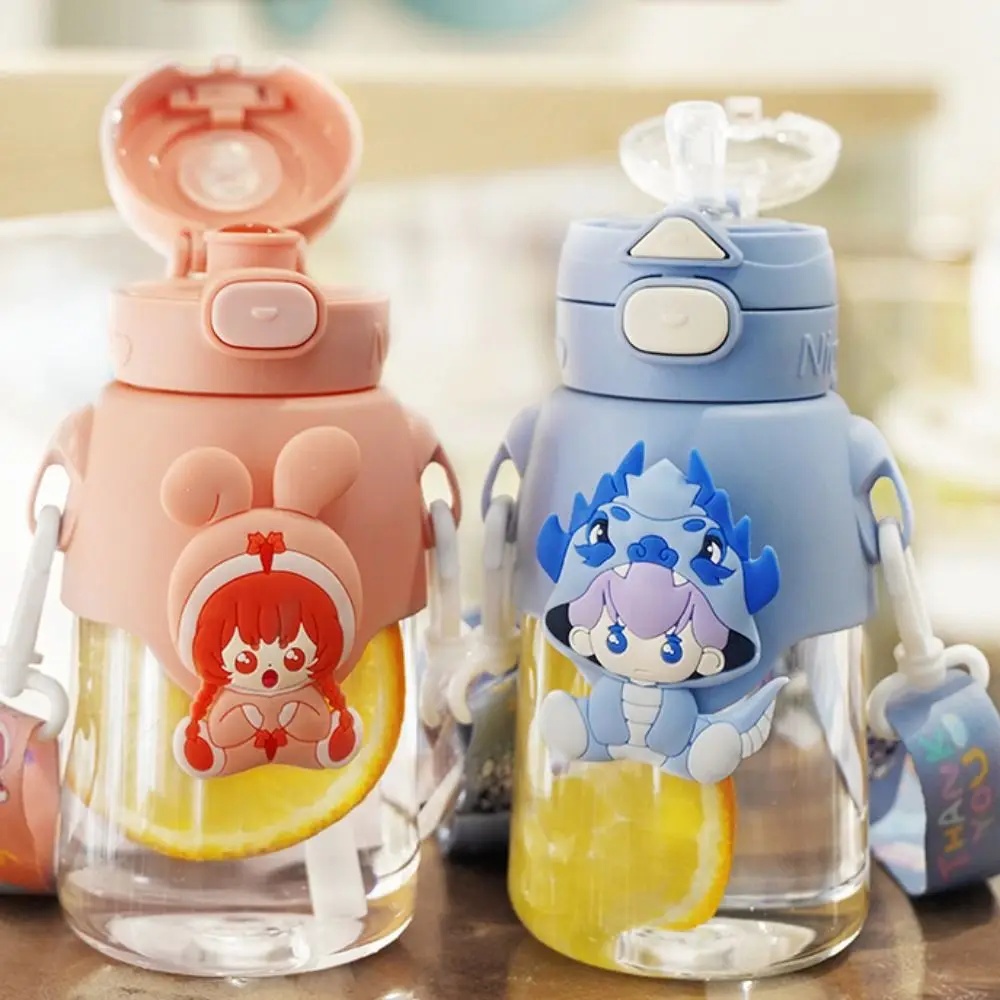 Cartoon 650ML Straw Water Bottles Anti -fall with Cross Strap Students Kettle Plastic Girl Pattern Kawaii Water Cup Sports