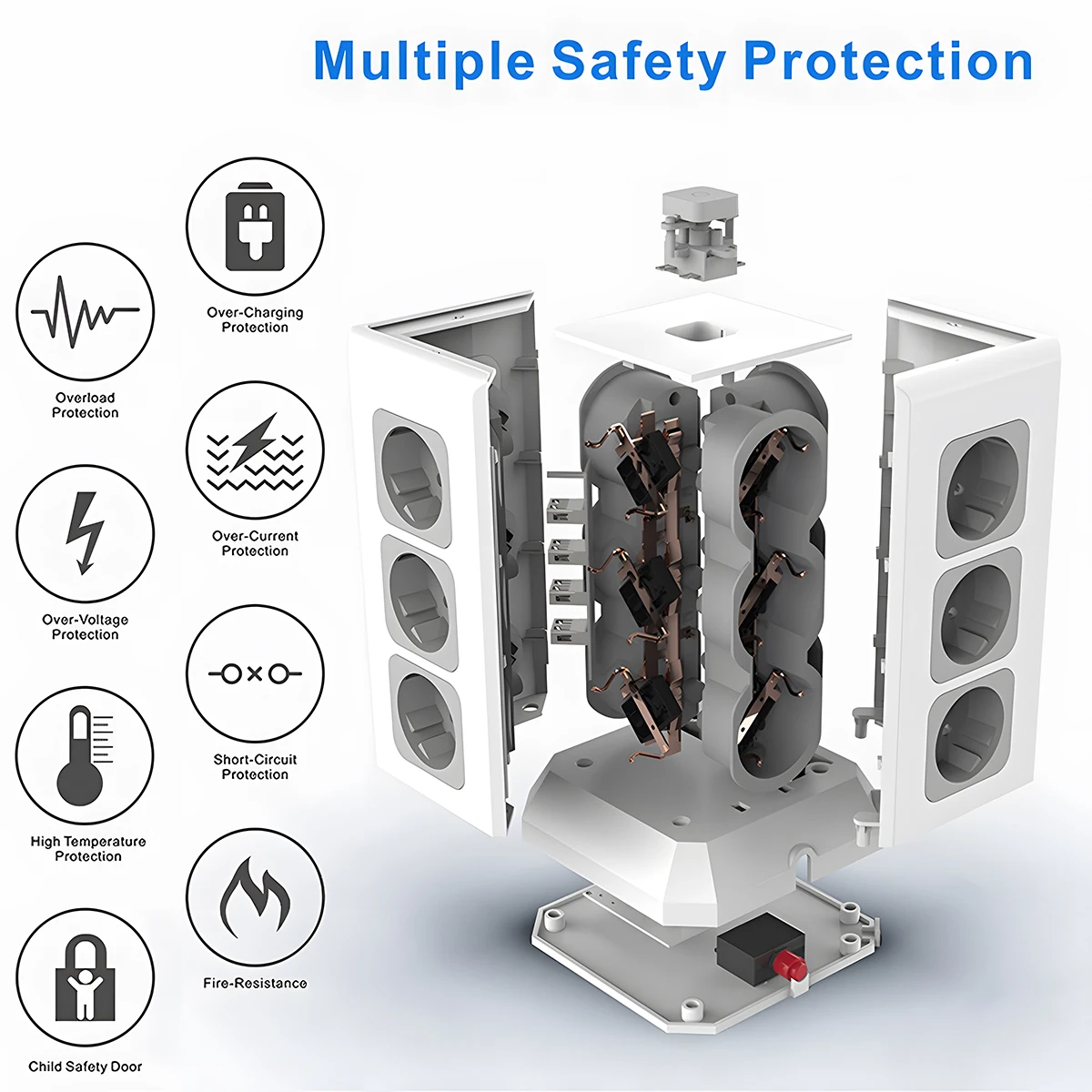 12 Way Outlets Vertical Power Socket EU Plug with 6.56 FT Extension Cord and 4 USB Charging Ports(1 USB C) Power Strip Tower