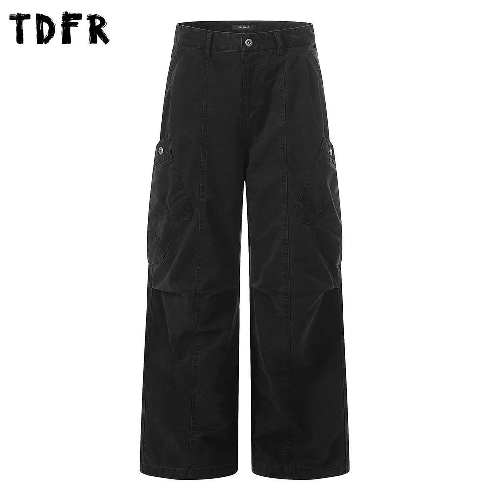 

Multi-Pocket Pleated Cargo Pants Mens Solid Color Spliced Retro Casual Wide Leg Straight Baggy Denim Pants Man