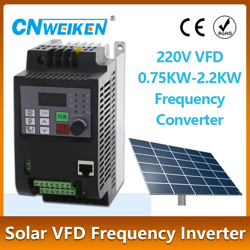 

Solar VFD 0.75/1.5/2.2KW DC input 200-400v Output 3phase 220v Variable Frequency Drive Converter Motor Speed Vector Control vfd