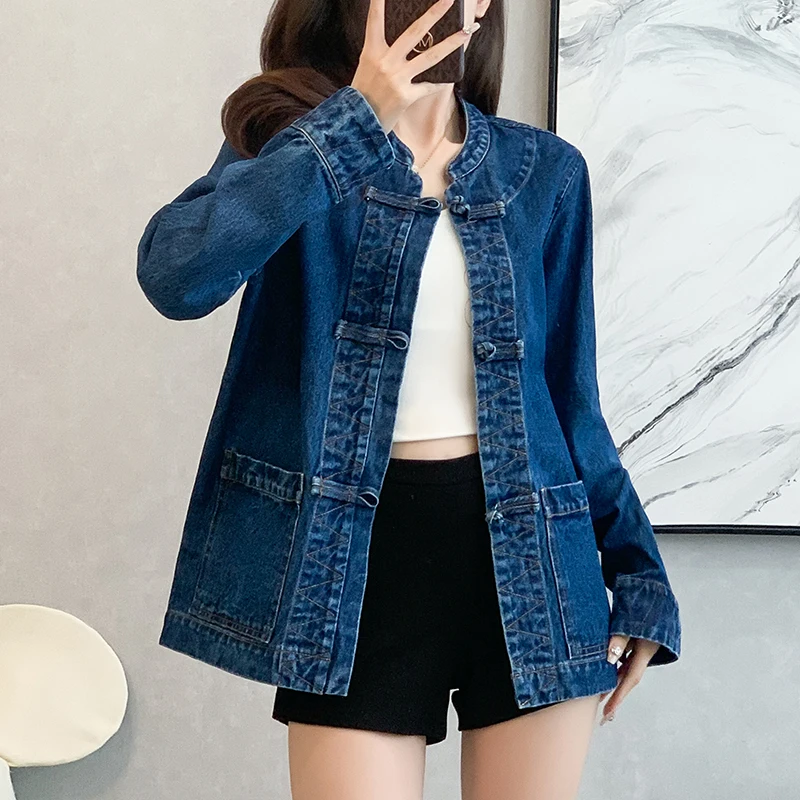 

Chinese Style Knot Buttons Denim Jacket Women Autumn Winter Fashion Short Jean Jacket Coat Loose Casual Pocket Denim Overcoat
