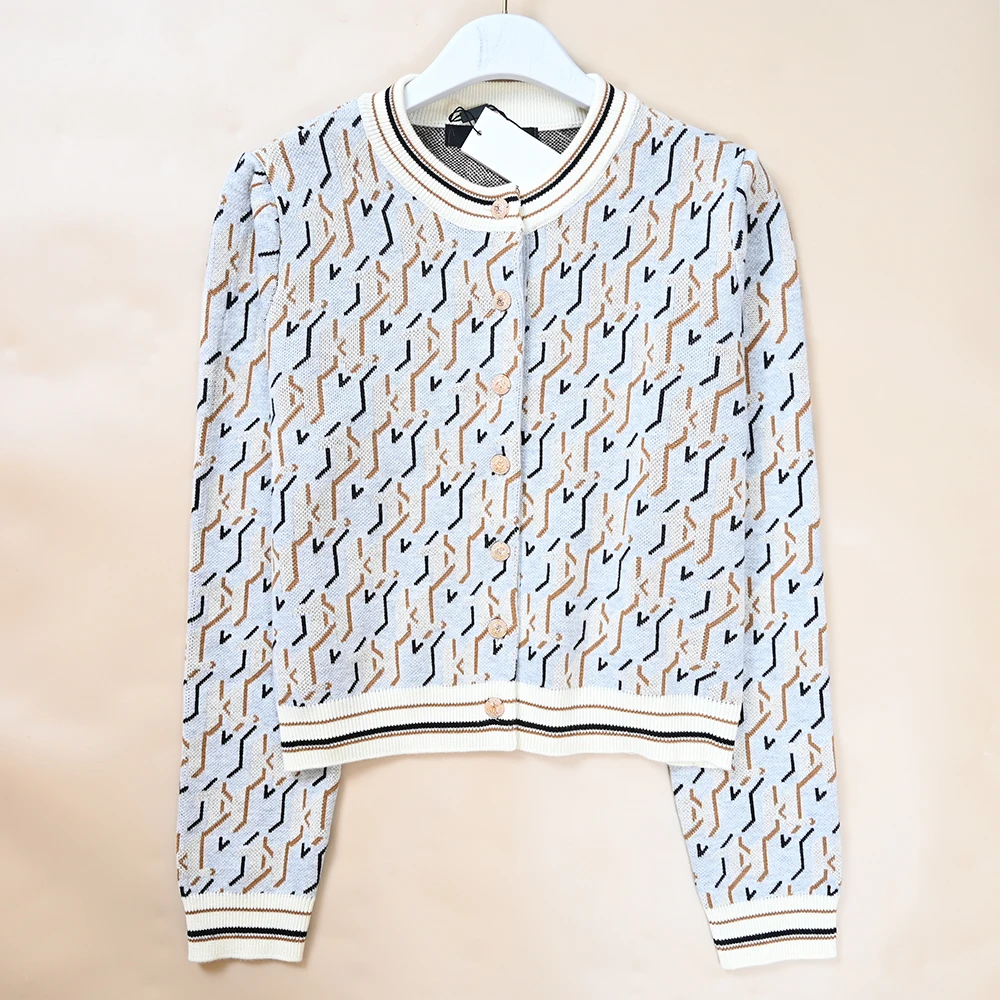 

Американский вязаный кардиган в стиле колор-блок для женщин, с круглым вырезом, коротким рукавом, длинным рукавом, с геометрическим узором, универсальный трикотаж