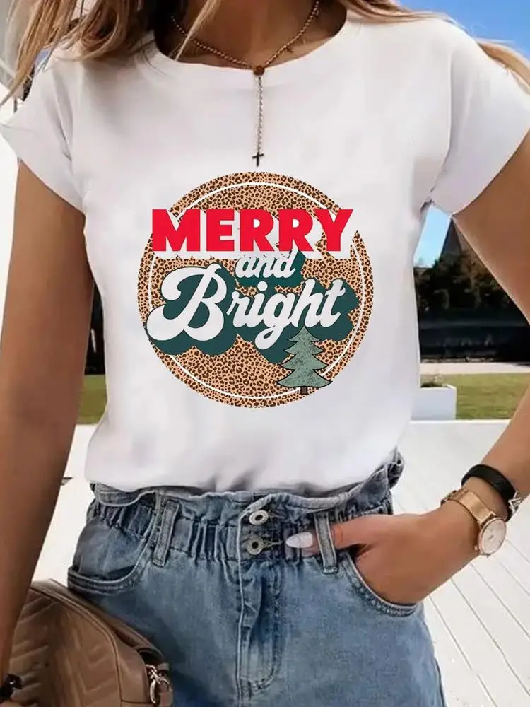 Sweet Leopard 90s New Year Shirt Merry Christmas Women Tee Top Fashion Lady Print Holiday Clothing Clothes Graphic T-shirts