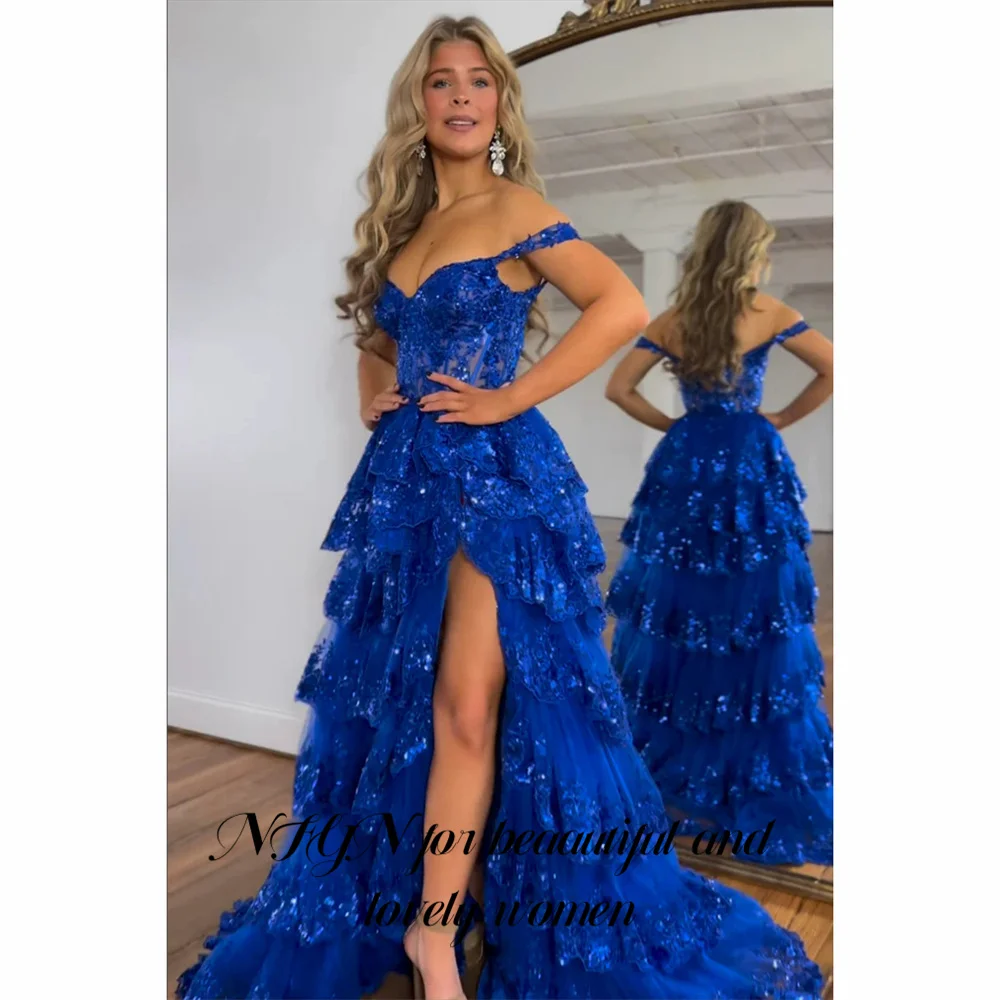 NFYN Glitter Royal Blue Prom Dress Exquisite Tiered Layer Party Dress High Split Off Shoulder Formal Dresses Gown Customized image 2