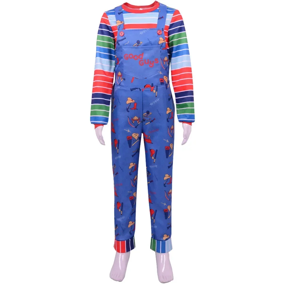 Gaun wanita Chucky menakutkan Anime kostum Cosplay kartun Horror Chucky jumpsuit pakaian Halloween untuk pria wanita kostum pesta