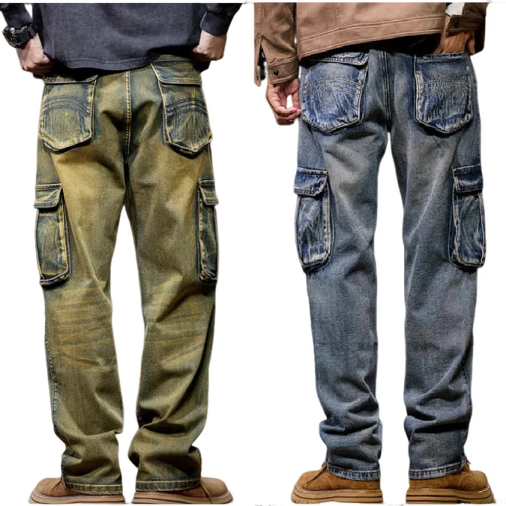 

Men Baggy Jeans Multi-Pocket Washed Distressed Denim Pants Loose Yellow Mud Color Cargo Jeans Plus Size 40-44