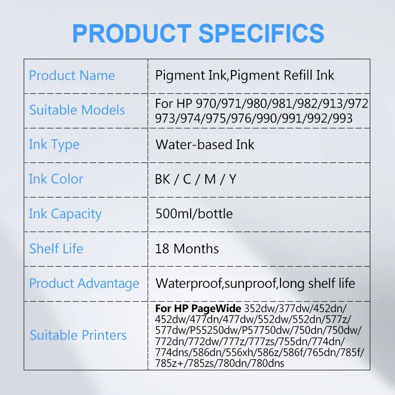 500ML Pigment Ink Refill Ink For HP 970 971 980 981 982 913 972 973 974 975 976 990 991 992 993 377dw 452dn 452dw 477dn 477dw