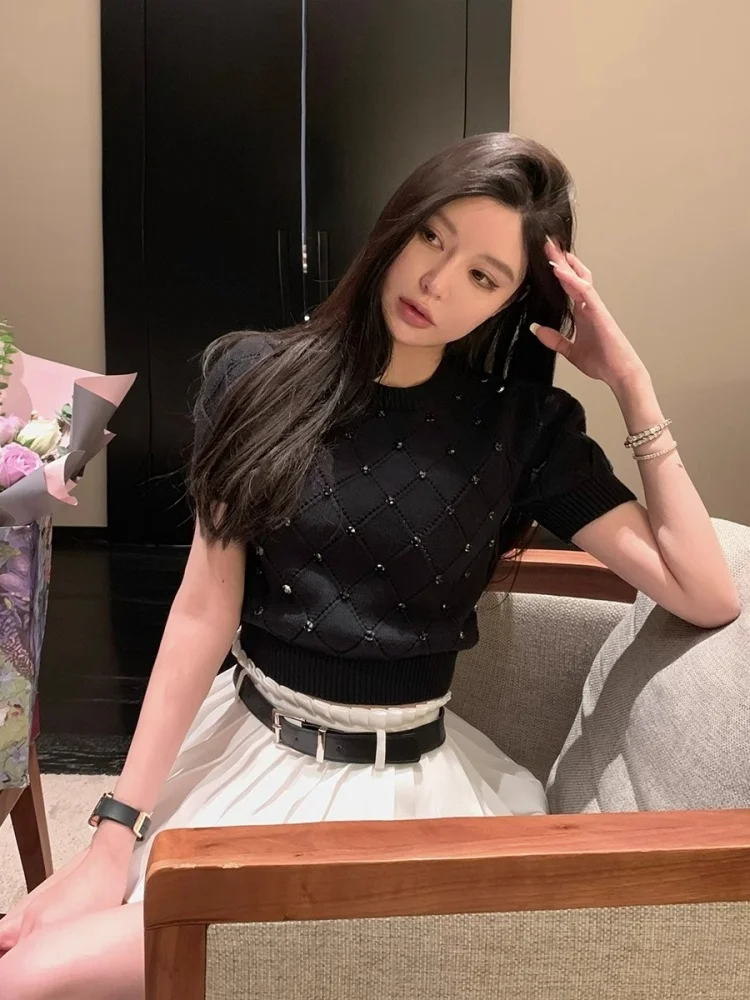 Cseta de punto de manga corta de cintura alta ajustada para mujer, Top de cuello redondo de longitud Regular con diseño de...