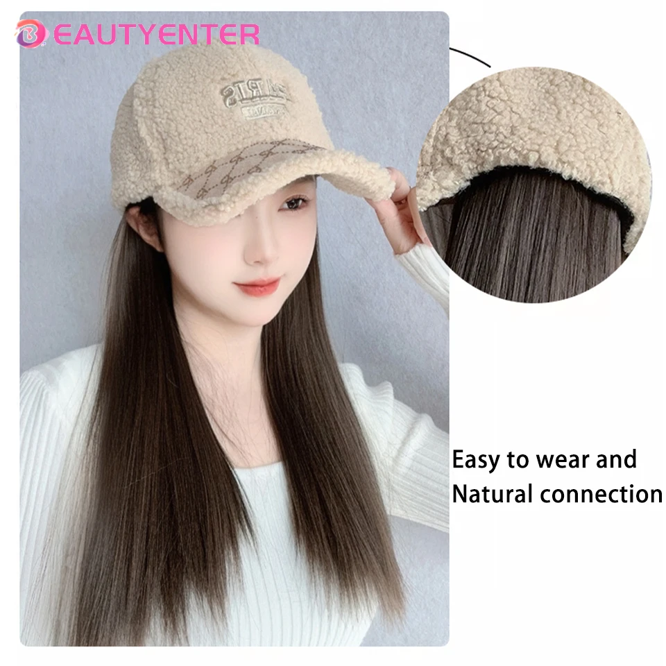 Hat Wig Hat With Hair Wigs For Women Synthetic Beige lamb down duck tongue cap with long straight Wig Heat Resistant