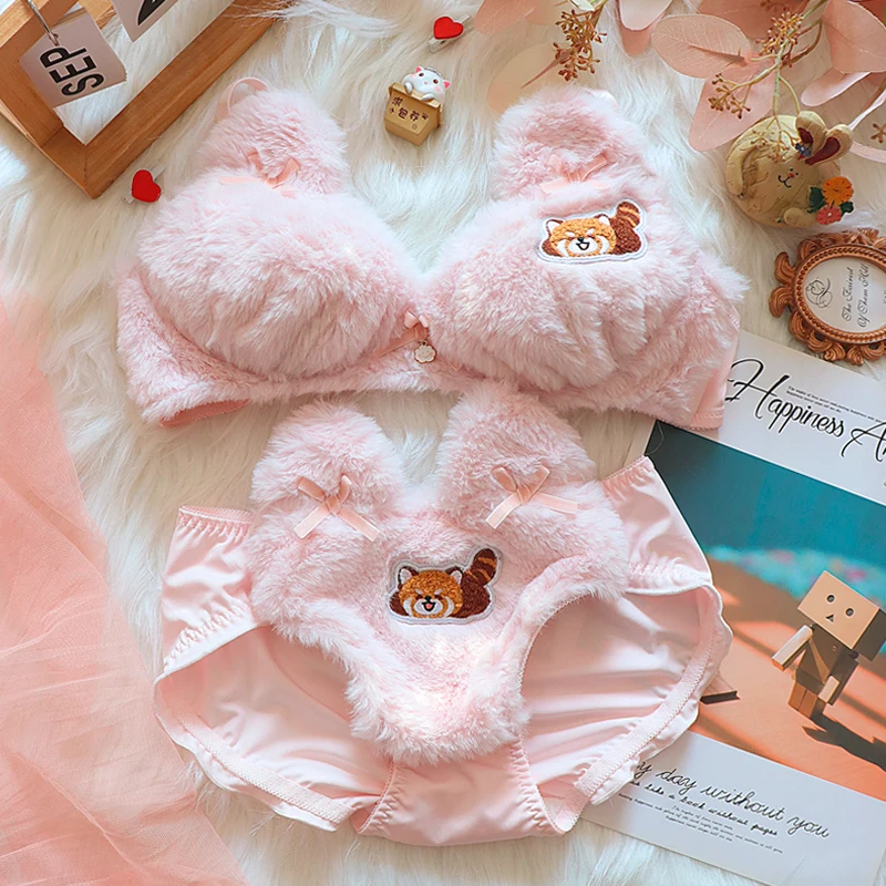 Milk Velvet Little Panda 2024 Autumn/winter New Plush Girl Underwear No Steel Rim Bra Set Warm Bra Set Lolita Sweet Girl