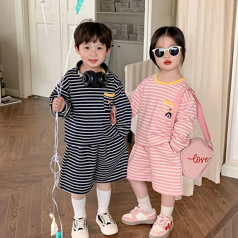 

Children Clothing Set Striped Suit 2023 Spring Autumn New Korean Boy's Suit Striped Sweater +Pant Girl's Two Piece Suit