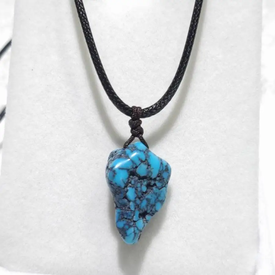 

Handmade Genuine Turquoise Irregular Pendant Necklace Black Cord Ethnic Jewelry Gift for Him