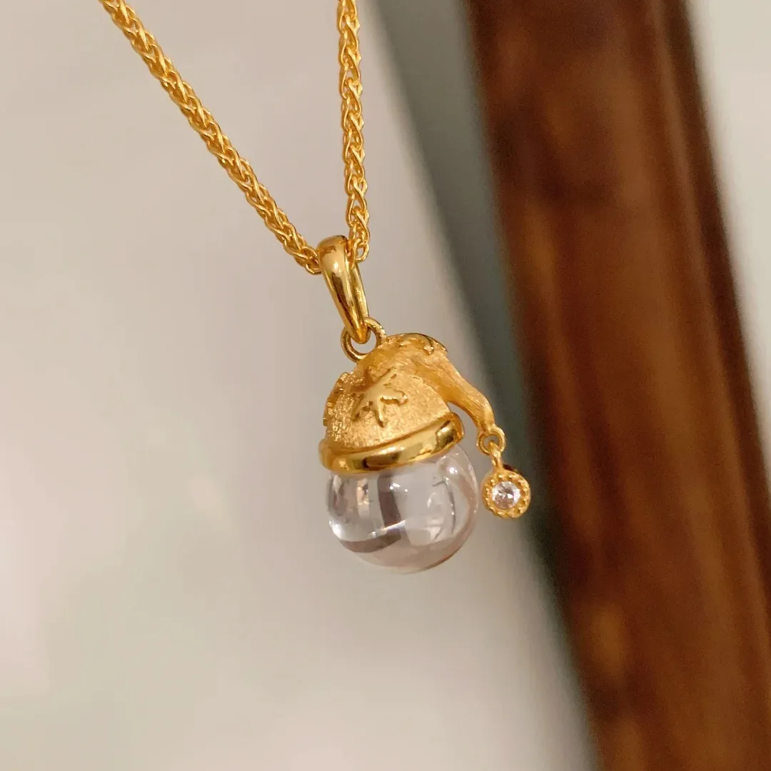 18K Real Gold Necklace Natural White Crystal Christmas Hat Pendant Wedding Engagement Jewelry for Girl Bizuteria Pendants gifts
