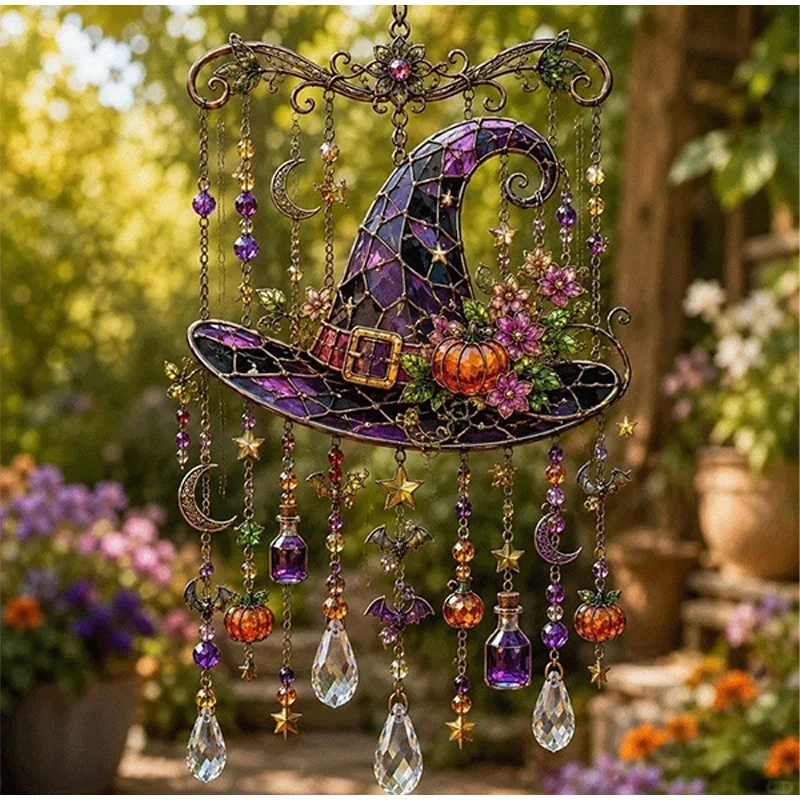 Halloween Themed Crystal Wind Chime Sparkling Bat Ghost Pumpkin Spider Black Cat Wind Chime Outdoor Decor for Garden Patio Porch