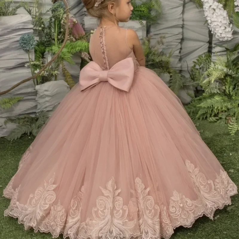 

Blush Flower Girl Dress Tulle Puffy Appliques With Bow Sleeveless Baby Girl Birthday Party Wedding First Communion Holiday Gown