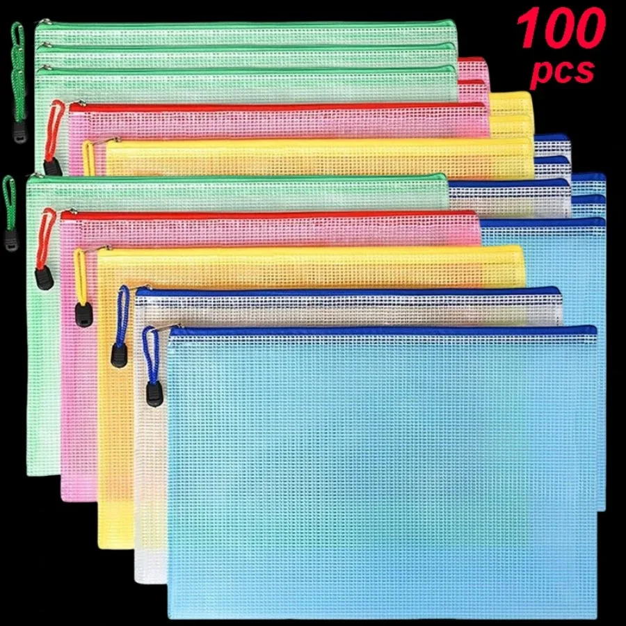 

5-100PCS Stationery Storage Folder File Mesh Zipper Pouch A4/A5/A6 Document Bag Zip File Folders Document Organizer Paper Desk