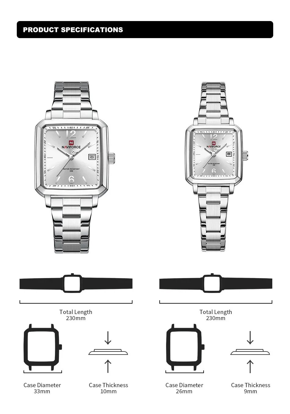 NAVIFORCE NF9252 Reloj de cuarzo resistente al agua con correa de acero inoxidable Simple clásico de negocios para parejas con luz nocturna