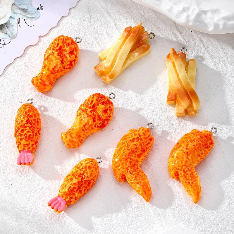 30/50pcs Mini French Fries Chicken Leg Resin Charms Bulk Wholesale Food Crafts Pendant Accessory DIY For Keychains Jewelry Make