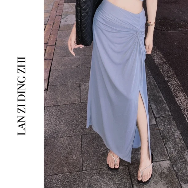 

Jian Da Qiang Moon Clear Wind High-End Feel Wrap around Slimming High-Rise Pleated Knot Design Midi Skirt