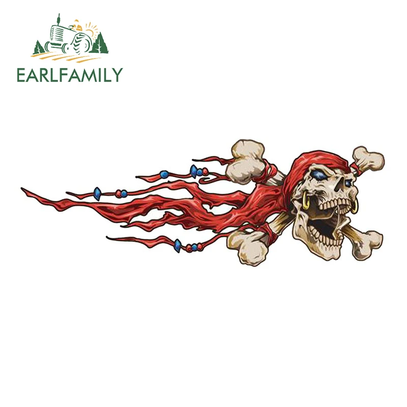 EARLFAMILY Flaming Pirate Skull Car Sticker Vinyl Checkered Flag Decal Rearview Mirror Trunk Laptop Wall Stickers Car Wrap