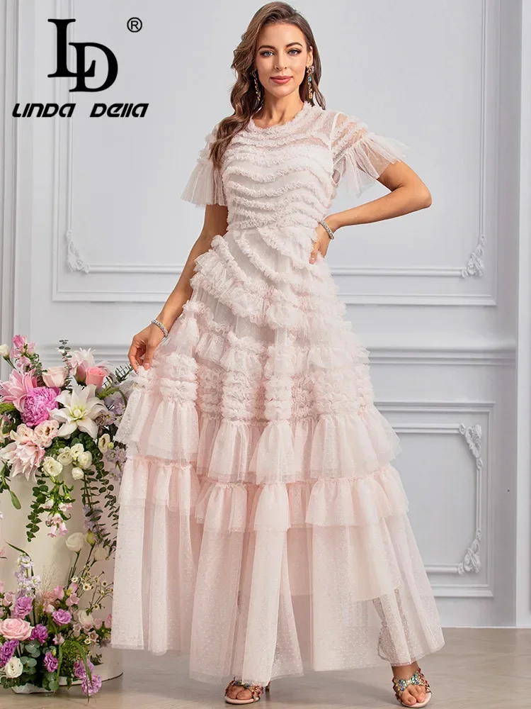 

LD LINDA DELLA 2024 New Style Runway Designer Dresses Women's Polka Dot Print Cascading Ruffle Net Yarn Dresses Sizes S-4XL