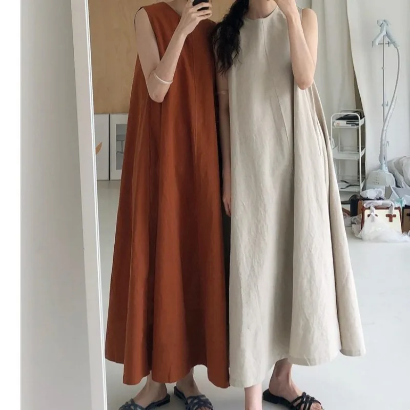 Korean Comfortable Casual Style Loose Swing Sleeveless Pumpkin Color Long Cotton and Linen Dress