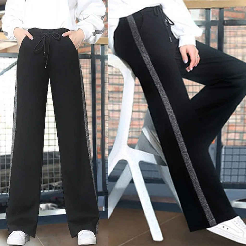 Spring New Korean Simple Women Flare Pants Solid Patchwork Stripe Elastic High Waist Loose Sport Casual Straight Trousers