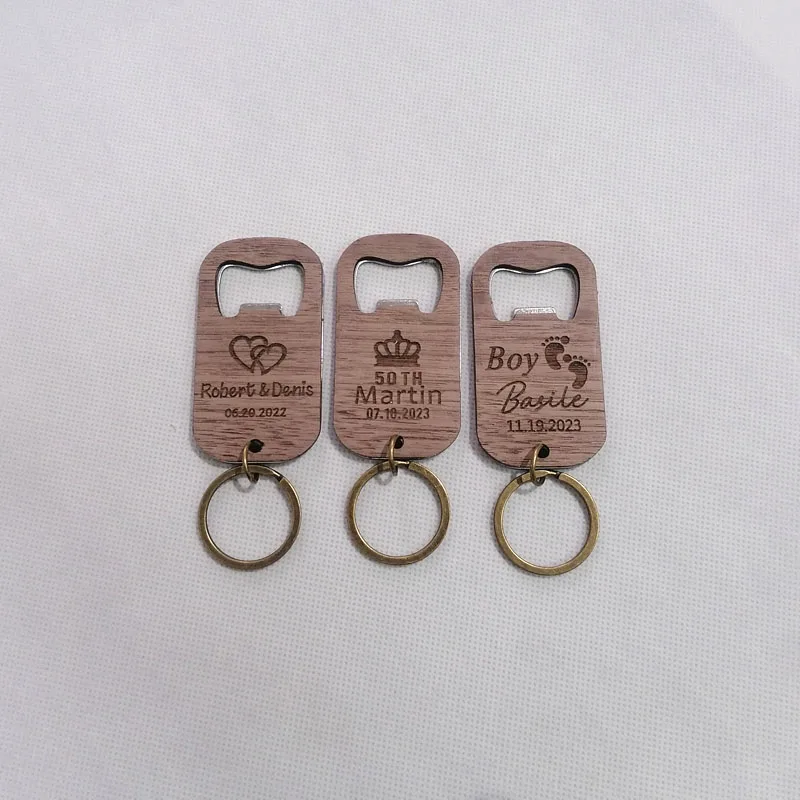 Abrebotellas de cerveza con texto personalizado, abrebotellas de acero inoxidable con mango de madera, logotipo de mano de madera, herramientas de cocina, 10 unidades