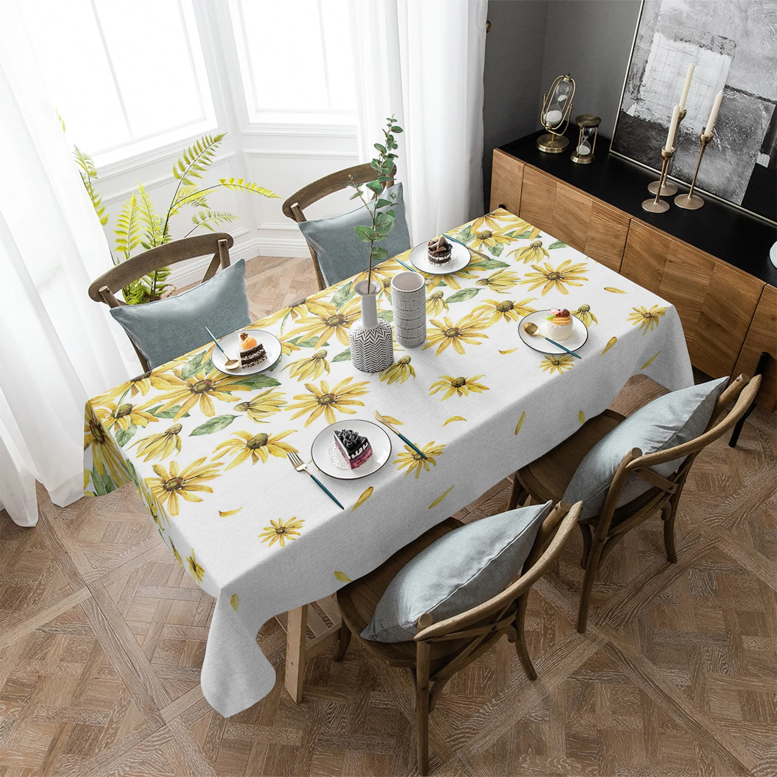 Yellow Daisy Flowers Round Tablecloths for Dining Table Waterproof Table Cover for Kitchen Living Room